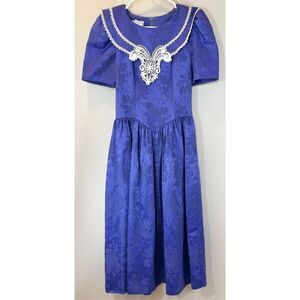 Vintage Gunne Sax Cottage Core Stunning Lace Collar Vibrant Blue Evening Dress